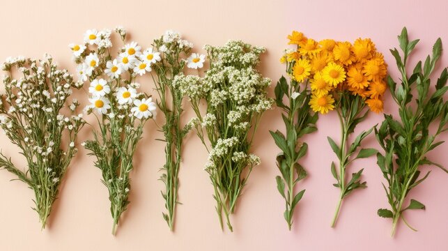 Various chamomile flowers on a colorful background. Flat lay with copy space, perfect for a template or mockup 