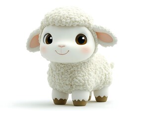 Adorable 3D rendered lamb, fluffy white wool, big eyes, smiling, isolated on white background.