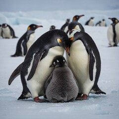 A penguin family huddling together on an icy Antarctic plain.
