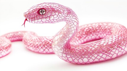 Obraz premium Pink Glitter Snake in 3D Style, Light Pink Glitter Side Profile with Intricate Patterns and Bright, Sharp Eyes, Elegant and Classic Beauty, High-Resolution Image on White Background
