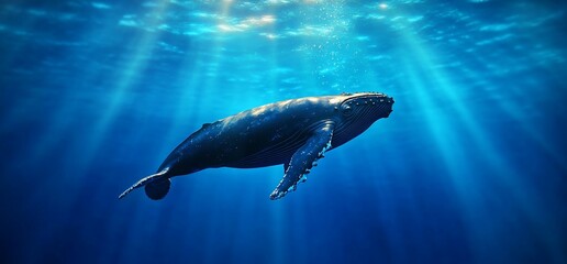 Majestic humpback whale gracefully swims in deep blue ocean water, sunbeams illuminating its path.