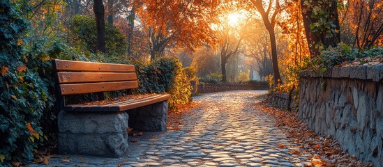 Obraz premium Empty bench on cobblestone path in autumn park at sunset.