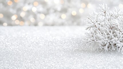 Snowy branch on glitter background with bokeh lights.