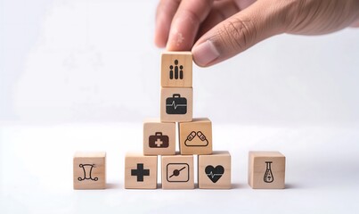 Crafted for Care: Stacking Wooden Blocks with Healthcare Icons to Depict a Comprehensive Insurance Strategy, ケアのために作られた: ヘルスケアアイコン付きの木製ブロックを積み重ねて包括的な保険戦略を描く,Generative AI
