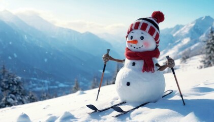 Obraz premium Snowman with Red and White Hat, Scarf, Skis, Ski Poles, Mountain Landscape Background. Serene Winter Scene with Blue Sky.
