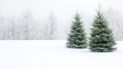 Obraz premium Two snow-covered evergreen trees stand in a snowy field, with a background of frost-covered trees.
