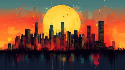 Cityscape sunset, vibrant colors, artistic style.