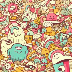 Whimsical doodle art featuring colorful characters, shapes, and patterns in a dense, vibrant composition.
