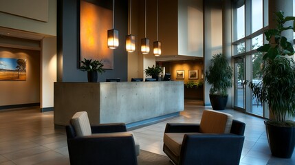 Modern lobby interior with concrete reception desk, comfortable armchairs, potted plants, and artwork.