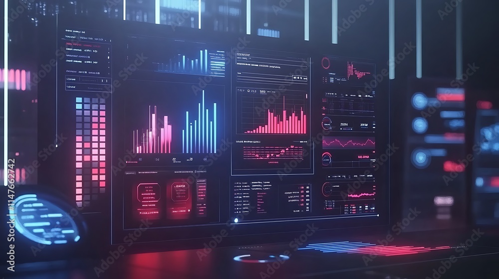 Poster neon-lit screen displays complex data analysis with futuristic tech visualization.