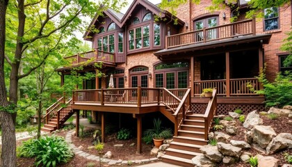 Beautiful wooden house with wooden stairs, deck, and patio surrounded by trees and plants in the backyard of an old brick home