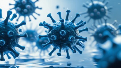 Magnified virus particles showing spiked morphology in a conceptual blue backdrop