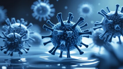 Biological depiction of virus particles with intricate spikes in a cool blue setting
