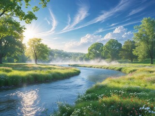 Obraz premium Beautiful summer landscape with river and green meadow under blue sky