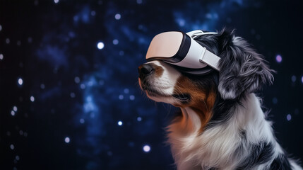 border collie dog  virtual goggles,  fun, futuristic game. The image captures the excitement and innovation of technology with a cute, white, purebred dog banner web desgin banner, flyer poster