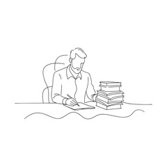  A man seated at a desk, surrounded by a disorganized pile of papers, appears focused on his work Continuous line draw Full length single line animation.