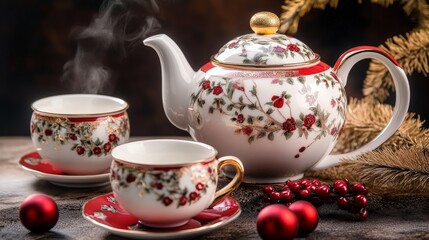 Elegant floral teapot and teacups with red roses and berries in festive setting