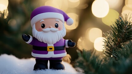 Purple Santa Claus Figurine with White Beard, Black Gloves, and Boots, Waving Hand, Festive and Playful Holiday Decor