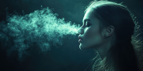 Fototapeta premium A Young Woman Exhaling Vapor in a Dramatic Portrait with Ethereal Smoke Against a Dark Background Creating a Mystical and Atmospheric Effect