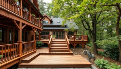 A beautiful two-story house with a wooden deck and steps, surrounded by lush greenery and trees in the backyard of an urban setting