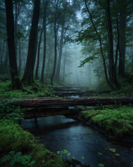 Fototapeta premium Calm fog covering the river in a quiet forest with tall grass and mist creating a serene and peaceful nature landscape