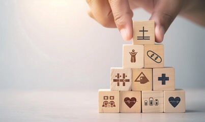A Tower of Healing: How Wooden Blocks with Medical Icons Represent the Steps to Better Health Practices, 癒しの塔: 医療アイコン付き木製ブロックがより良い健康実践へのステップを象徴する,Generative AI