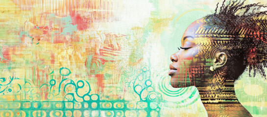 Fototapeta premium A vibrant artistic representation of a Black womans profile layered with patterns and colors symbolizing strength and resilience. 