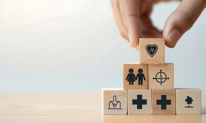 A Tower of Healing: How Wooden Blocks with Medical Icons Represent the Steps to Better Health Practices, 癒しの塔: 医療アイコン付き木製ブロックがより良い健康実践へのステップを象徴する,Generative AI
