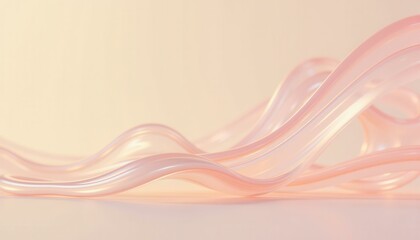 Obraz premium Elegant flowing ribbons of light pink translucent material curve in a gentle waveform, creating an abstract design in a warm, soft ambiance.