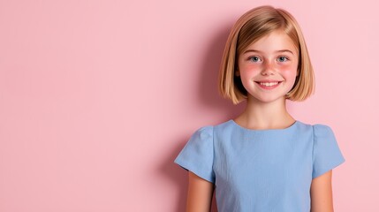A cheerful young girl with short hair smiles against a soft pink background, wearing a light blue dress.