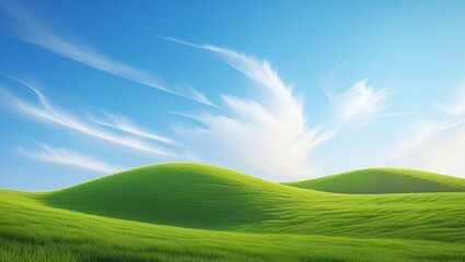 Obraz premium Beautiful landscape of grassy hills and soft, flowing clouds in the sky.