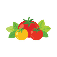 Tomatoes with basil leaves isolated flat vector illustration on white background.