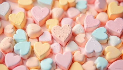 Fototapeta premium Pastel colored heart shaped candies arranged on a light pink surface representing love and confection, ideal for Valentines or sweets themes.