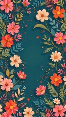 Obraz premium Floral arrangement with pink and orange cosmos flowers, leaves and branches on a dark turquoise background. Summer elegant backdrop concept.