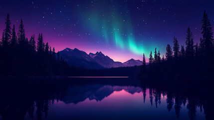 Naklejka premium green and purple aurora shines in the clear night sky over the Canadian mountain range, silhouette of dark pine forest in the distance, Ai generated images