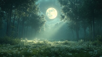 Moonlit forest clearing, wildflowers, ethereal glow.