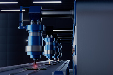 A series of blue machines with a red laser beam