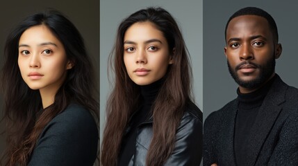 Portraits of asian woman, hispanic woman, and african american man in studio setting