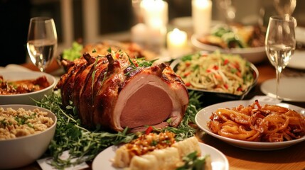 Festive holiday feast with roasted meat and diverse side dishes on a table