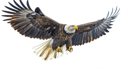 Obraz premium Majestic bald eagle soaring with wings spread wide against white background