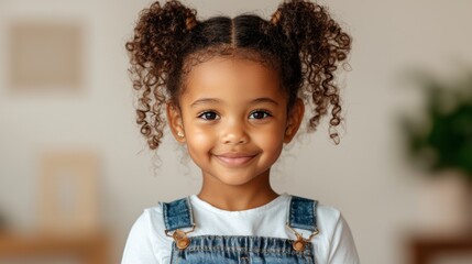 A cheerful young girl with curly hair smiles brightly, wearing a white shirt and denim overalls, set against a warm, softly blurred background.