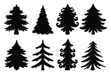 Christmas Pine tree silhouettes set isolated flat vector illustration on white background