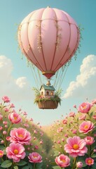 Fototapeta premium Pink hot air balloon with a small house suspended below flying over a field of pink flowers on a bright day representing a dreamy fantasy land travel concept.