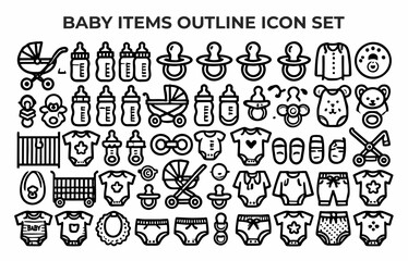 A baby items black outline icon set showcasing essential and adorable items for newborns and toddlers.