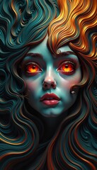 Fototapeta premium Abstract alien woman with glowing orange eyes and detailed teal hair in flowing style, fantasy or sci-fi concept.