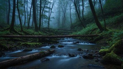Fototapeta premium Peaceful morning mist rising above a quiet river flowing through the forest with lush grass and stunning nature