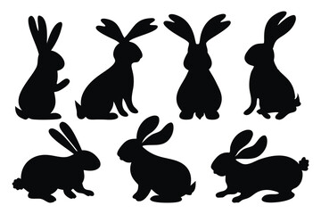  Easter rabbit silhouettes set isolated flat vector illustration on white background.