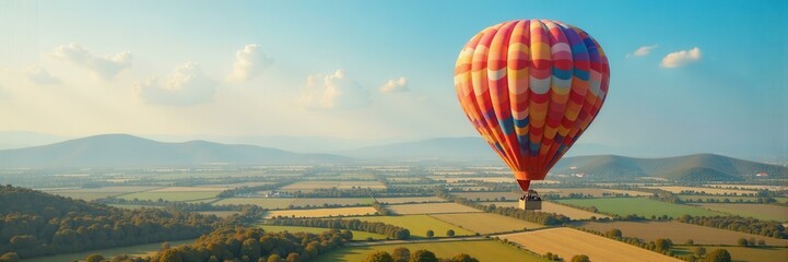 Obraz premium A vibrant hot air balloon floats over a patchwork of golden and green farmlands surrounded by hills, conveying a sense of adventure and peaceful rural life.
