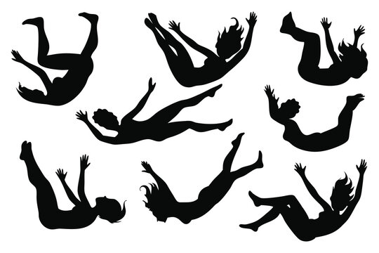 Falling Girl silhouettes set isolated flat vector illustration on white background.