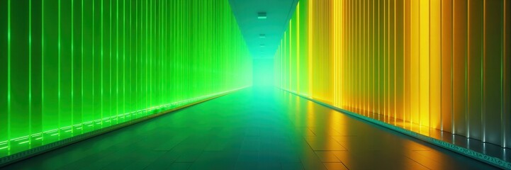 Futuristic hallway with glowing green and yellow vertical panels creating a light gradient, evoking modern design style and abstract atmosphere.